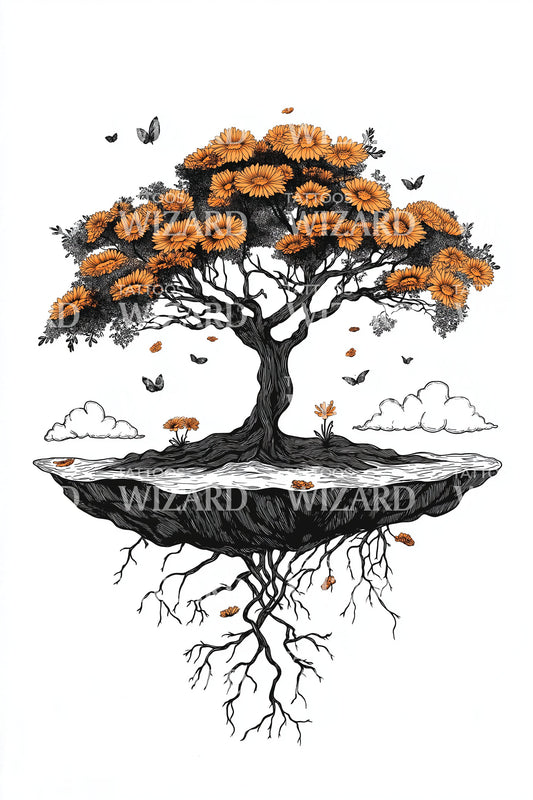 Design de Tatuagem de Flor de Bonsai Flutuante