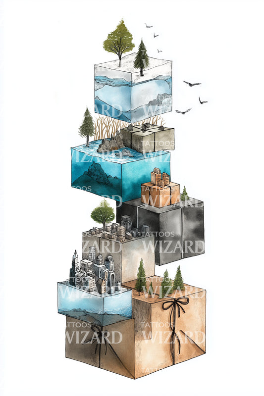 Floating City Cube Tower Tattoo Design
