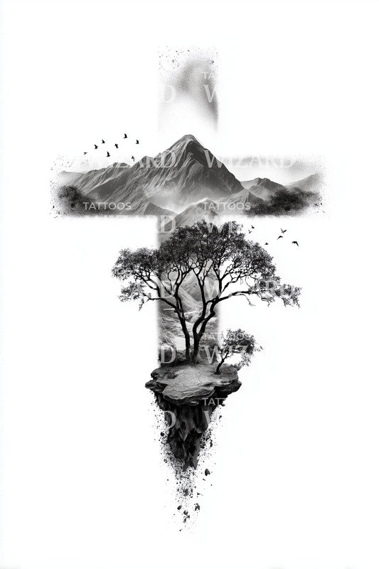 Floating Cross Mountain Tattoo Illustration