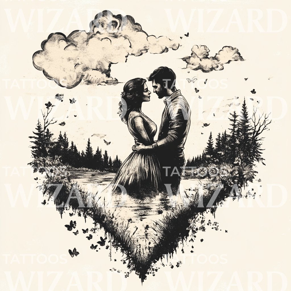 Floating Lovers in a Dreamlike Landscape Tattoo Design