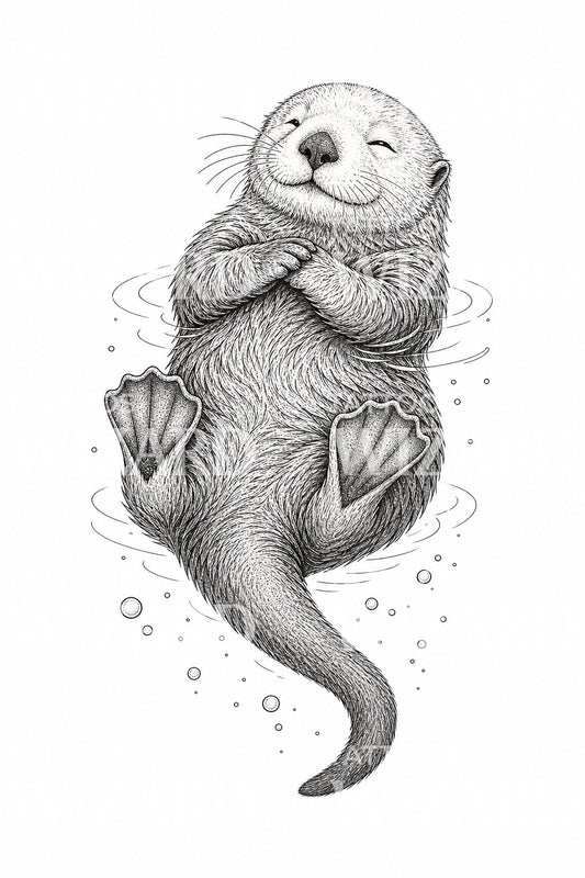 Design de tatuagem fine line de lontra a flutuar