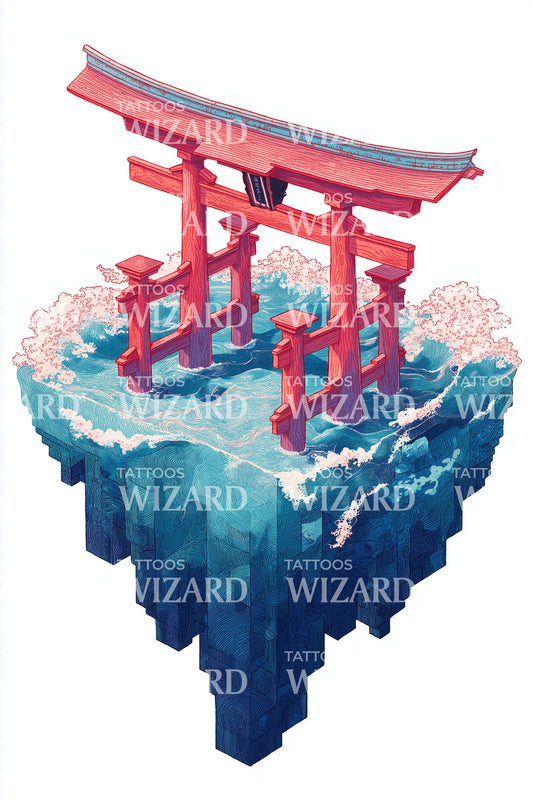 Floating Shrine Island Tattoo Illustration