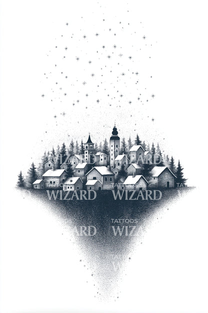 Floating Winter Village Tattoo Illustration