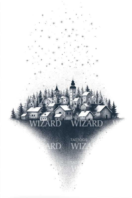 Floating Winter Village Tattoo Illustration