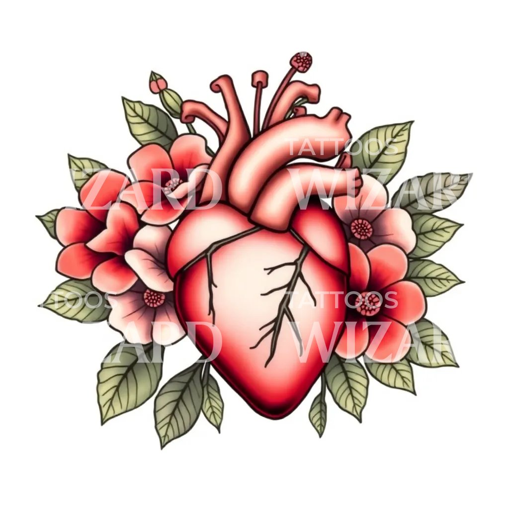 Floral Anatomical Heart Tattoo Design