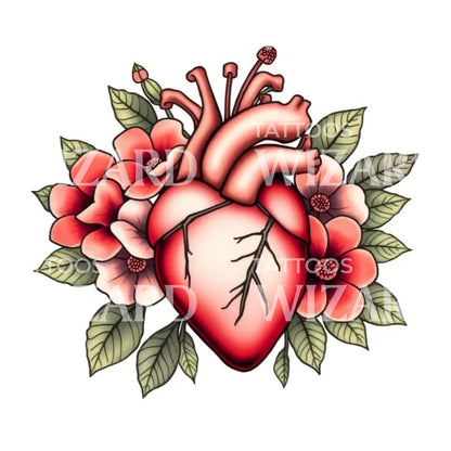 Floral Anatomical Heart Tattoo Design