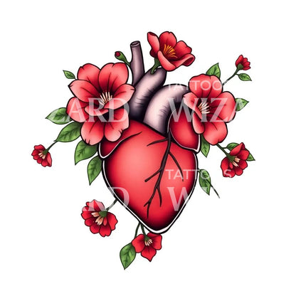 Floral Anatomical Heart Tattoo Design