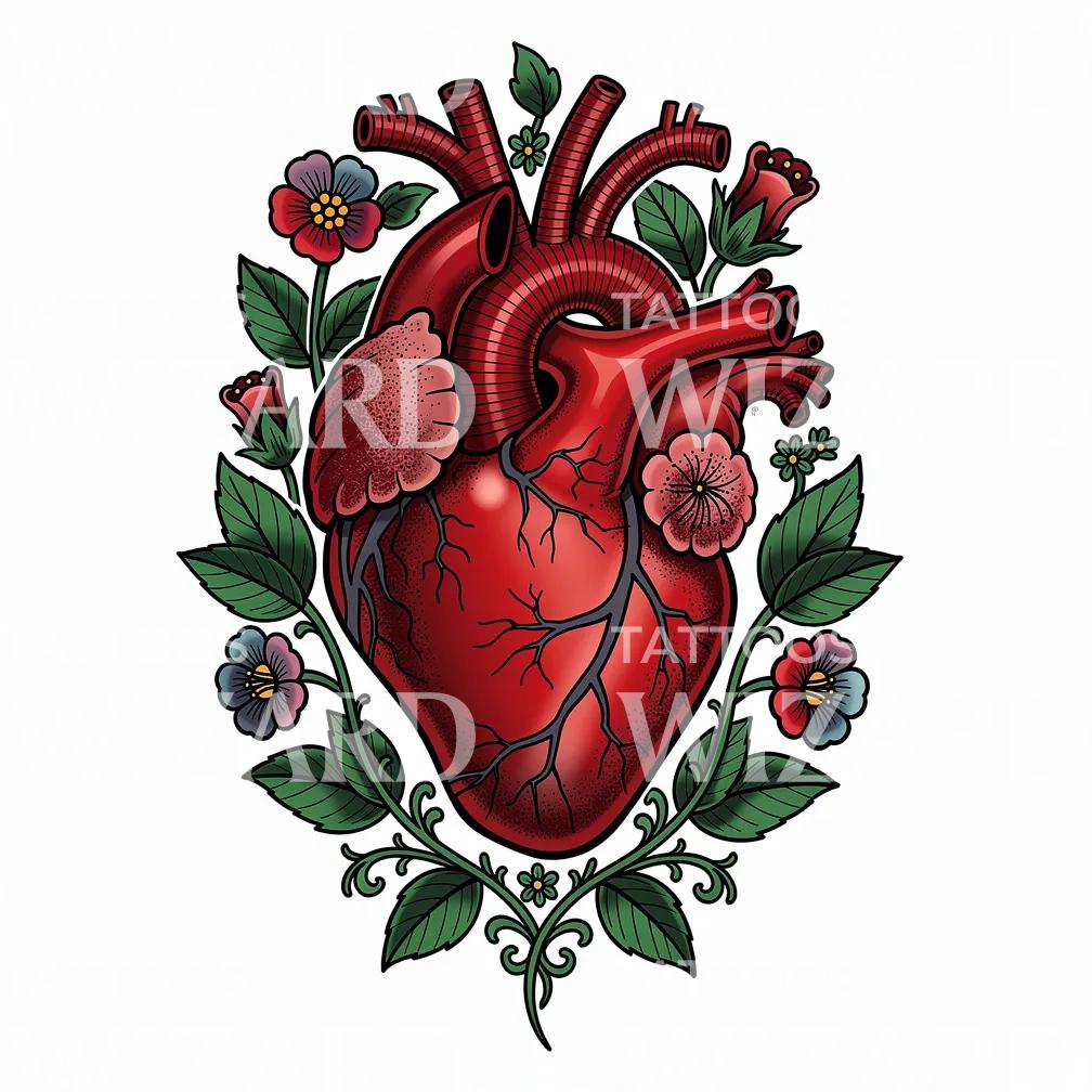 Blomstrende Anatomisk Hjerte Tatoveringsdesign