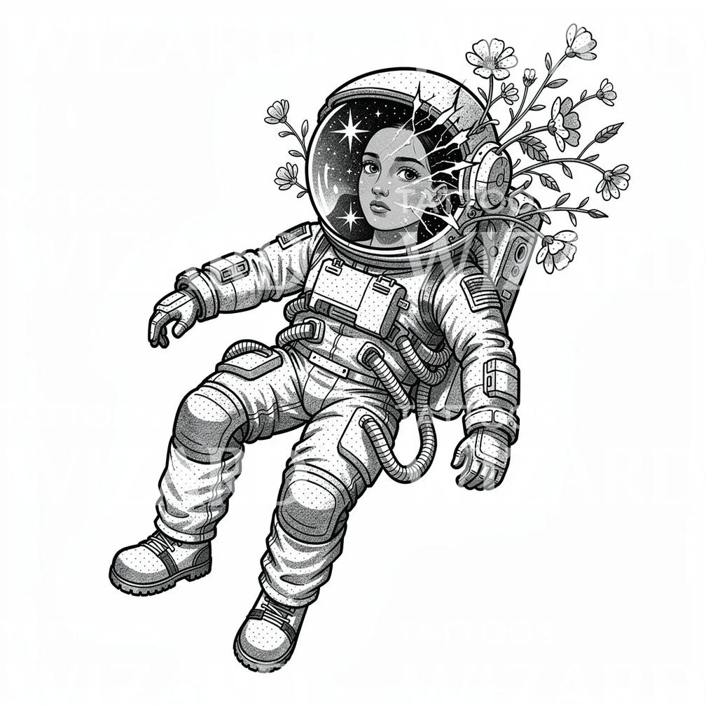Tetovací návrh dívky astronautky s květinami