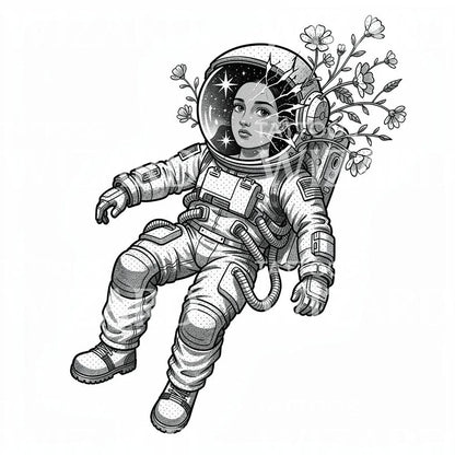 Tetovací návrh dívky astronautky s květinami