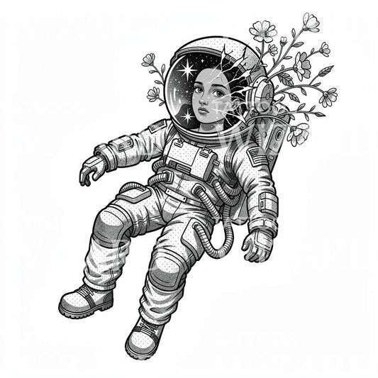 Design tatuaggio ragazza astronauta floreale