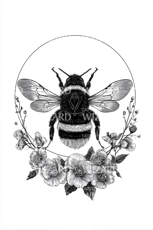 Floral Bumblebee Wreath Tattoo Design