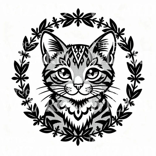 Floral Cat Portrait Tattoo Design
