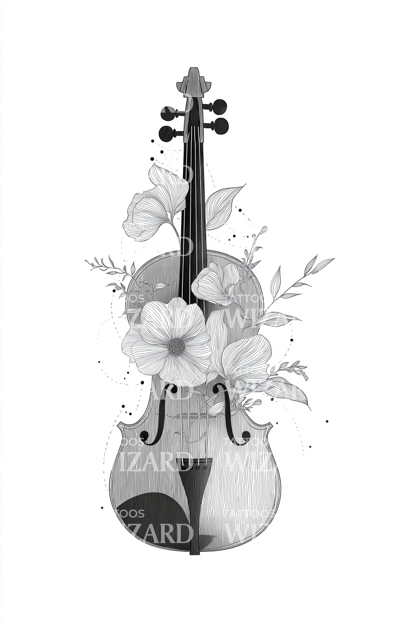 Floral Cello Music Tattoo Design