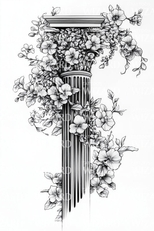 Floral Corinthian Column Tattoo Design