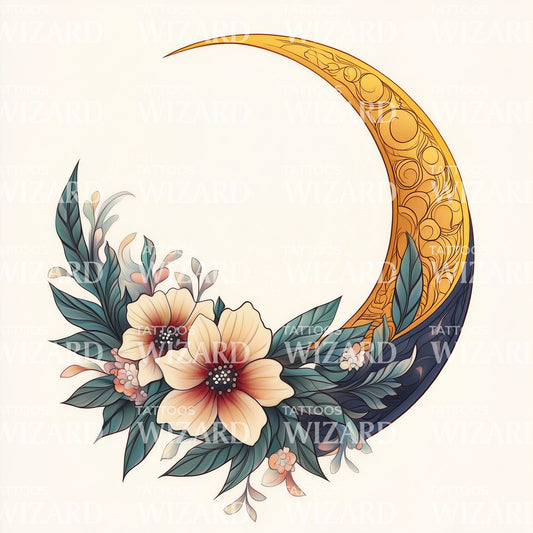 Floral Crescent Moon Flash Tattoo