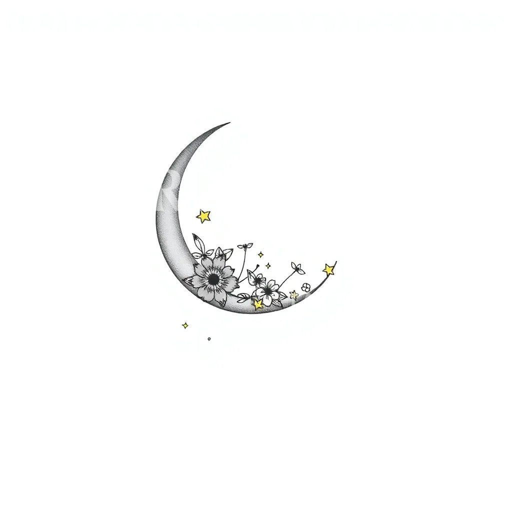 Floral Crescent Moon Tattoo Design