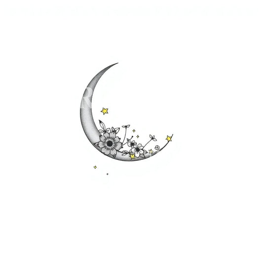 Floral Crescent Moon Tattoo Design