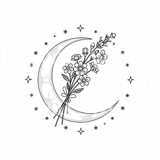 Floral Crescent Moon Tattoo Design