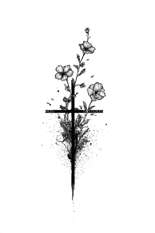 Florales Kreuz Blüten Tattoo Design