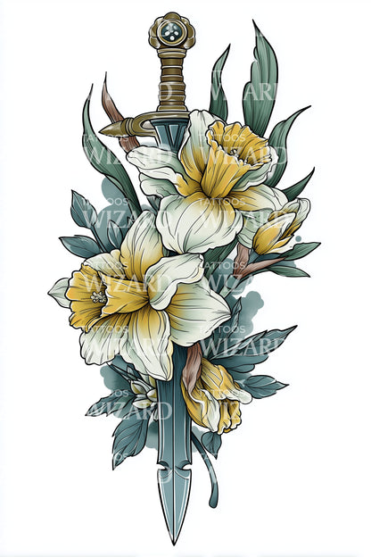 Ilustrasi Tato Buket Bunga Daffodil dengan Belati Floral