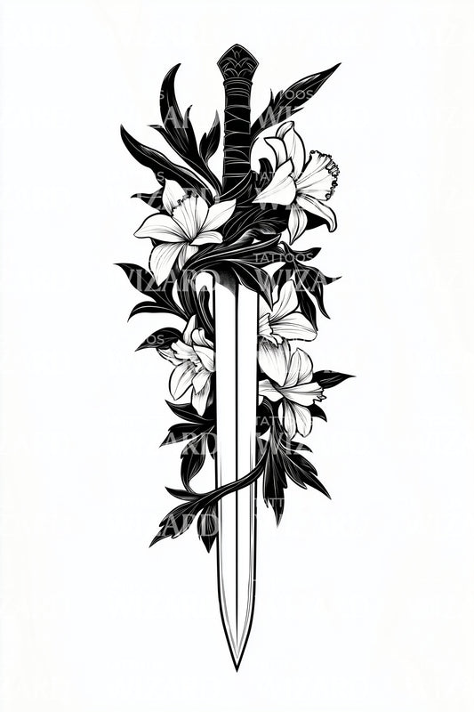 Floral Dagger Edge Tattoo Design