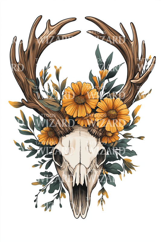 Floral Deer Skull Tattoo Design