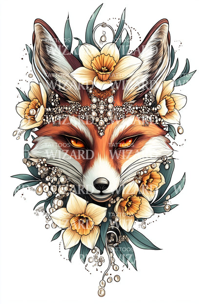 Floral Fox Portrait Tattoo Design