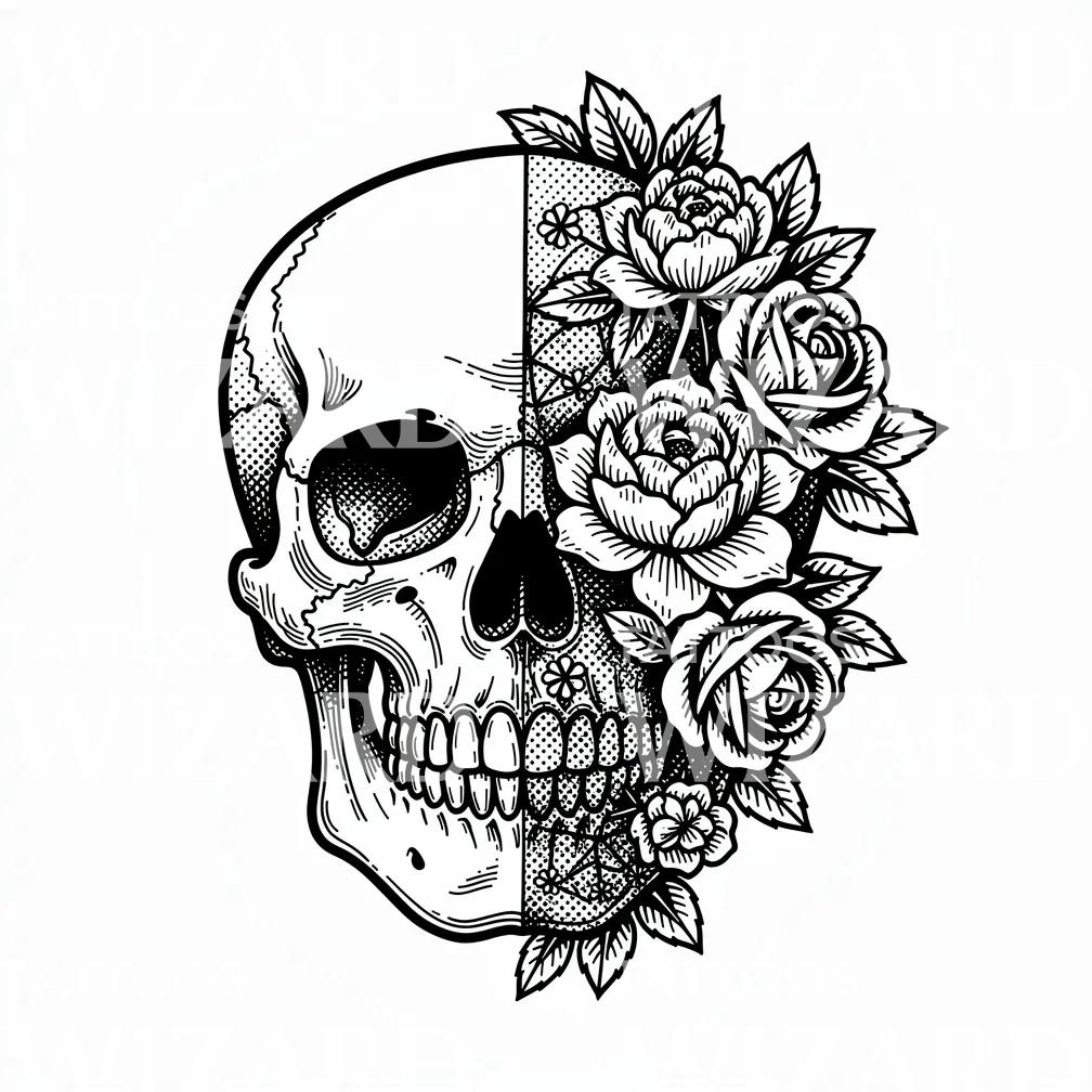Floral Half Skull Tattoo Design