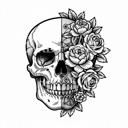 Floral Half Skull Tattoo Design