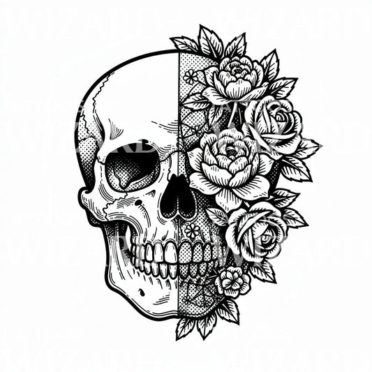 Floral Half Skull Tattoo Design