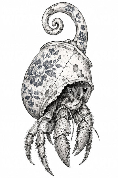 Floral Hermit Crab Tattoo Illustration