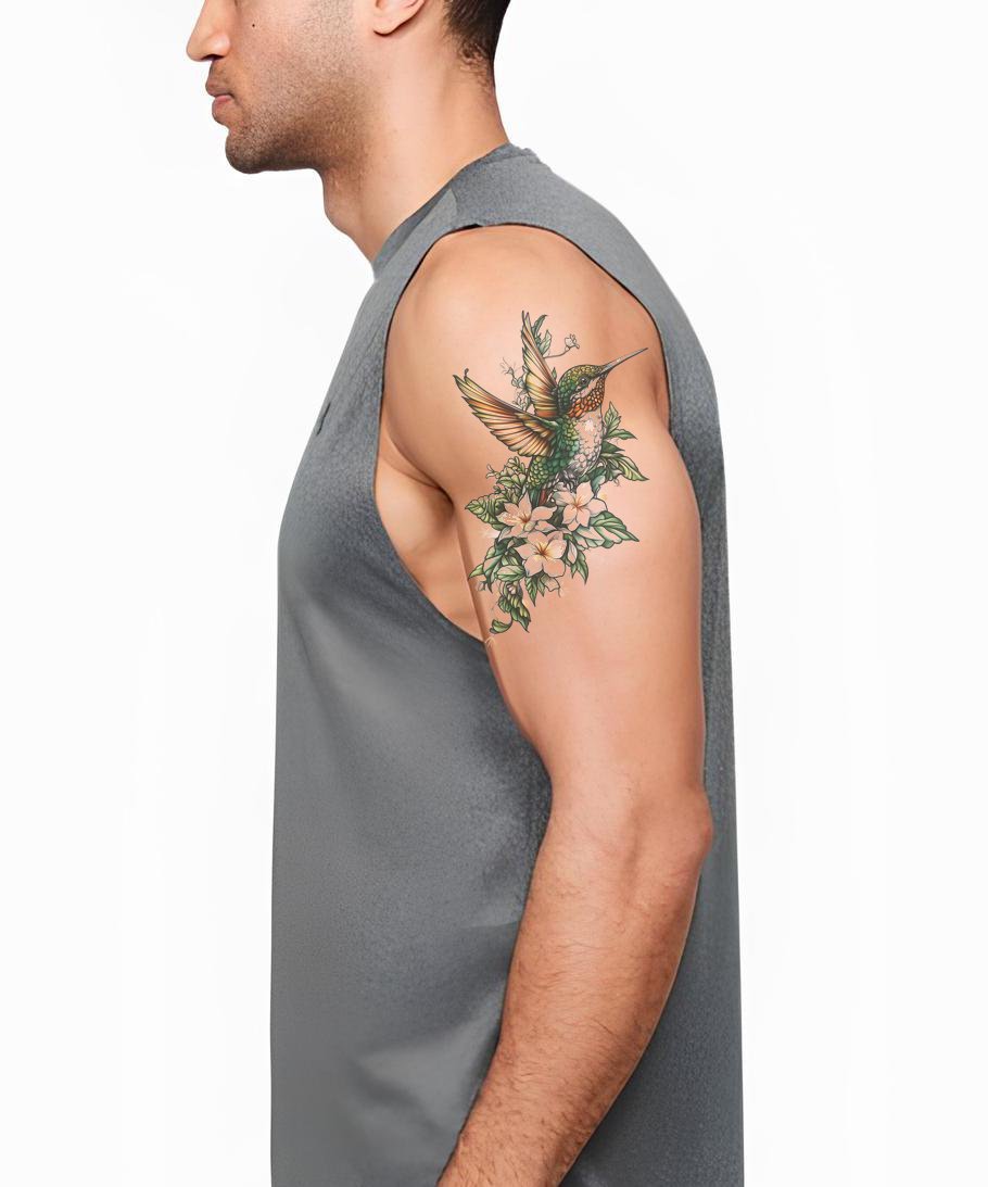 Vibrant Hummingbird Floral Tattoo Idea