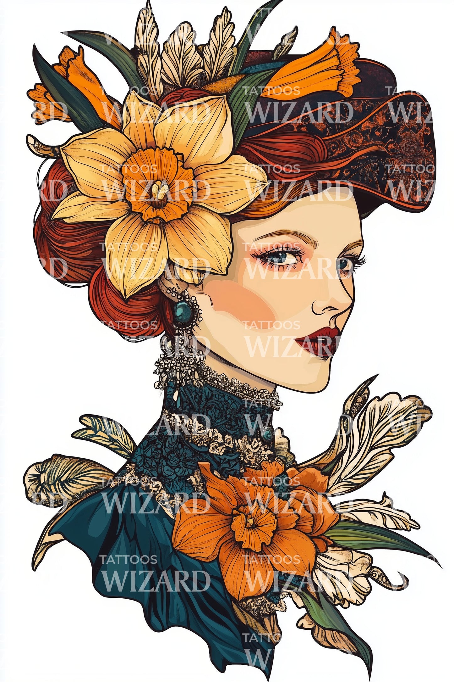 Ilustração de Tatuagem Camafeu de Dama Floral