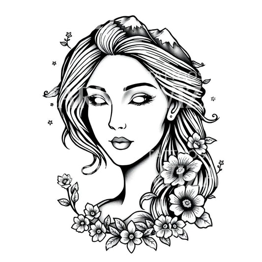 Floral Maiden Portrait Tattoo Design