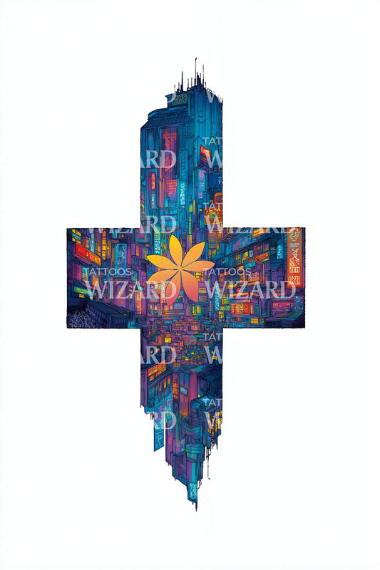 Florales Mosaik Kreuz Tattoo Design