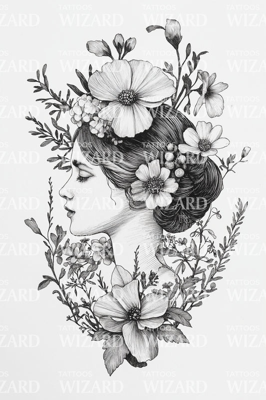 Floral Muse Portrait Tattoo Design
