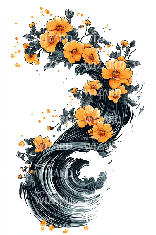 Desenho de Tatuagem de Onda Oceânica Floral