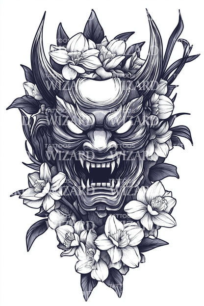 Floral Oni Mask Tattoo Design