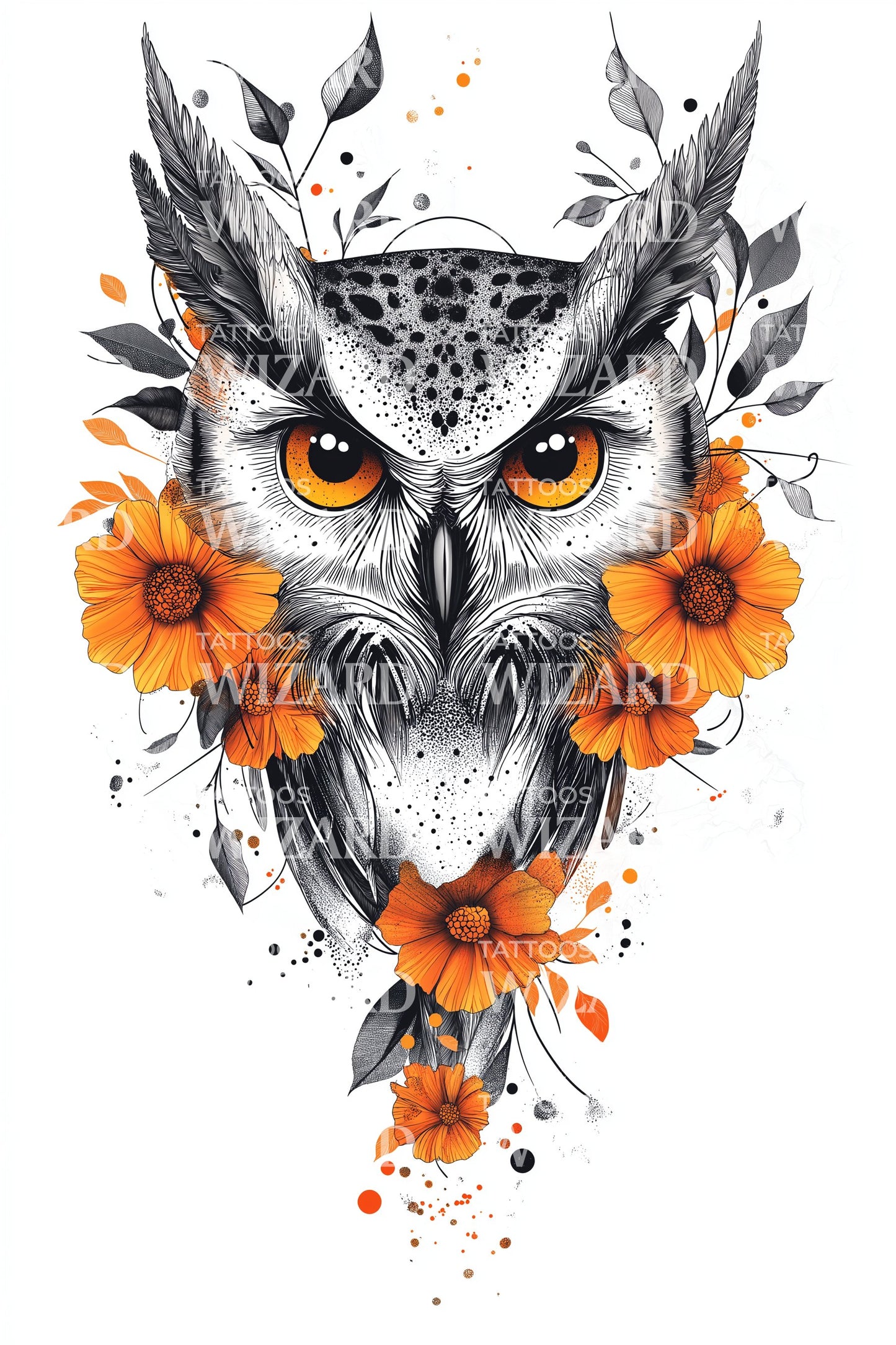 Floral Owl Gaze Tattoo Design