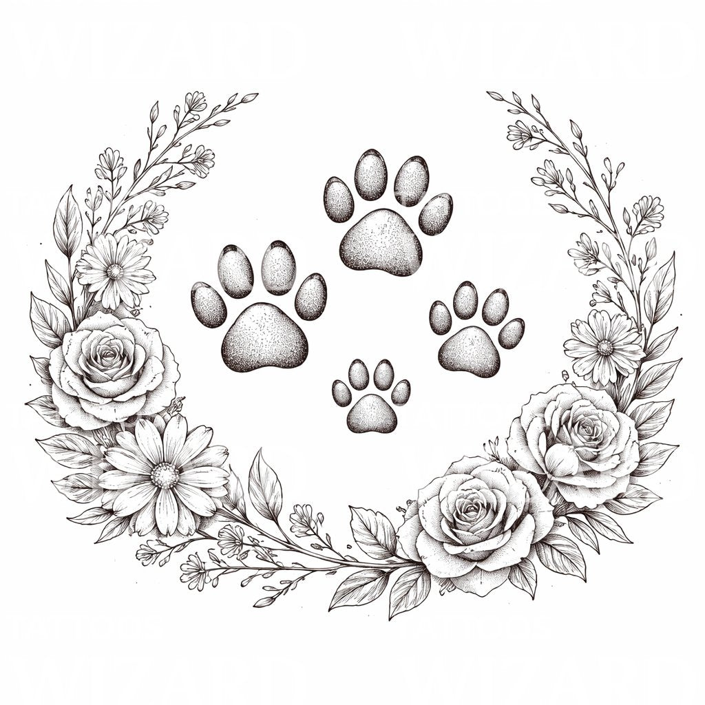 Floral Paw Memorial Tattoo Design