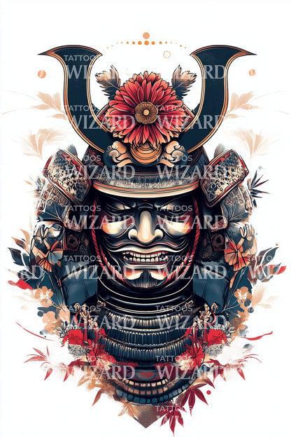 Desenho de Tatuagem de Máscara Samurai Floral