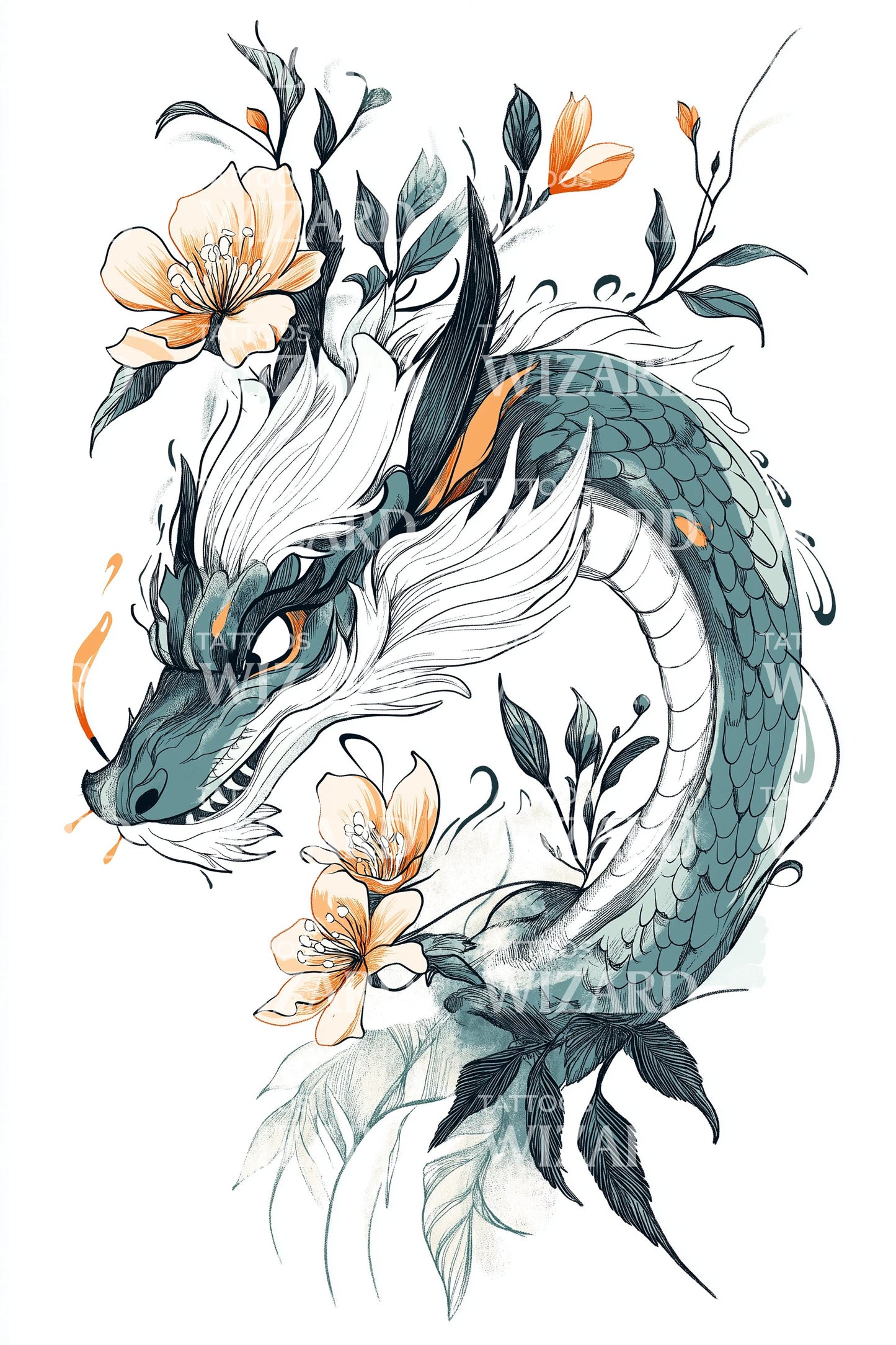 Floral Sea Dragon Tattoo Illustration