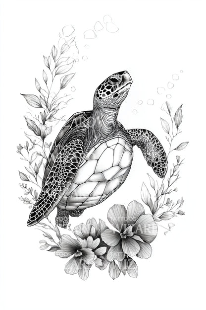 Floral Sea Turtle Tattoo Design