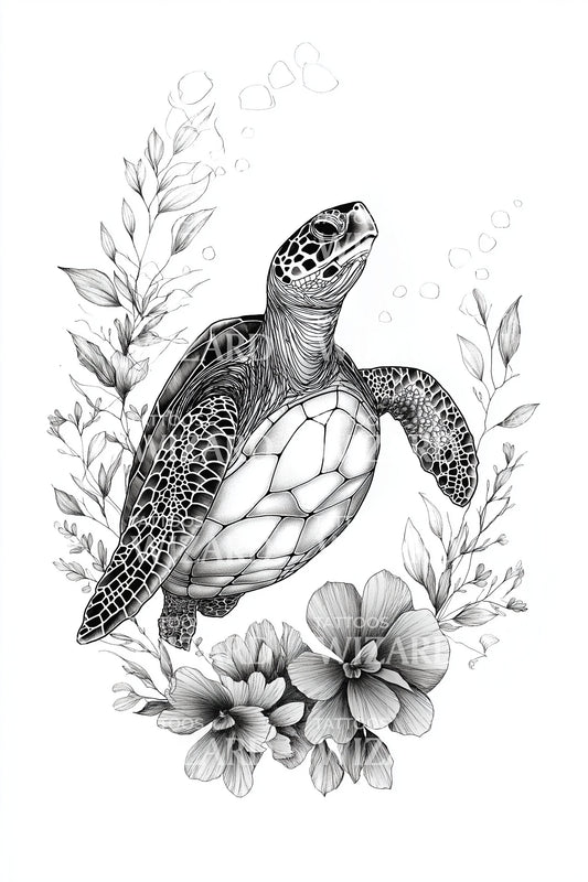 Floral Sea Turtle Tattoo Design