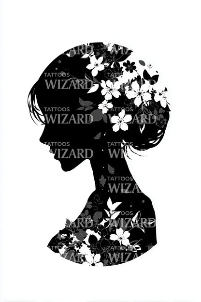 Desenho de Tatuagem de Retrato em Silhueta Floral