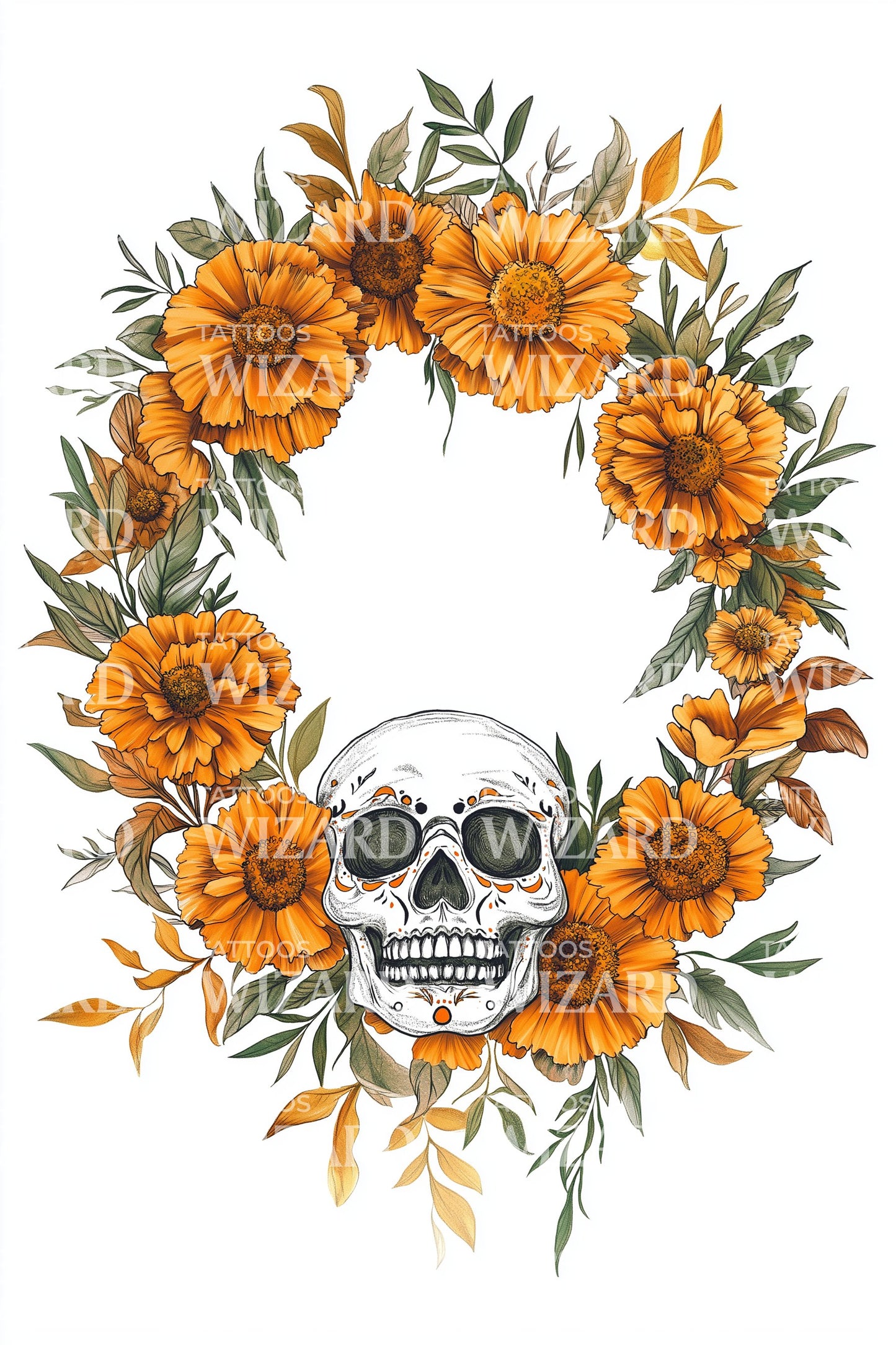 Floral Skull Garland Tattoo Design