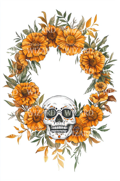 Floral Skull Garland Tattoo Design