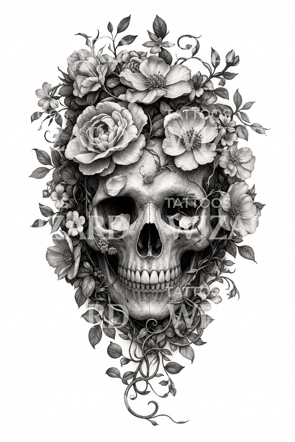 Floral Skull Memento Mori Tattoo Design