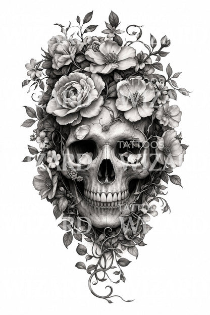 Floral Skull Memento Mori Tattoo Design